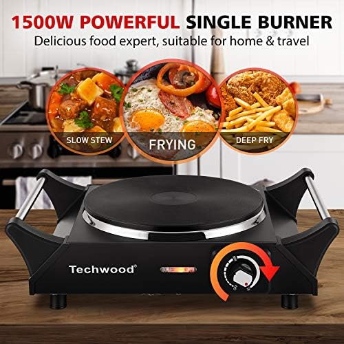 Techwood Hot Plate Portable Electric Stove 1500W Countertop Single Burner with Adjustable Temperature & Stay Cool Handles, 7.3” Cooktop for Dorm Office/Home/Camp, Compatible for All Cookwares - Image 3