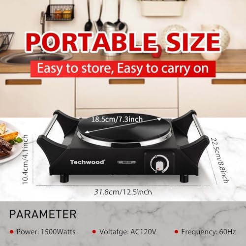 Techwood Hot Plate Portable Electric Stove 1500W Countertop Single Burner with Adjustable Temperature & Stay Cool Handles, 7.3” Cooktop for Dorm Office/Home/Camp, Compatible for All Cookwares - Image 7